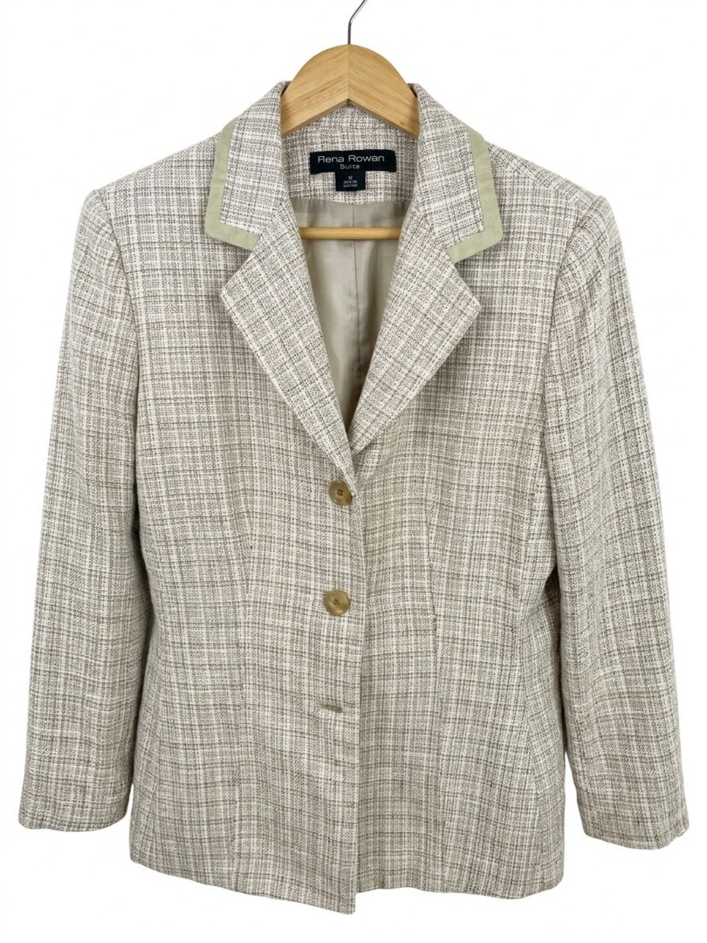 Rena Rowan Cream Plaid Blazer with Light Green Collar Trim, size 12